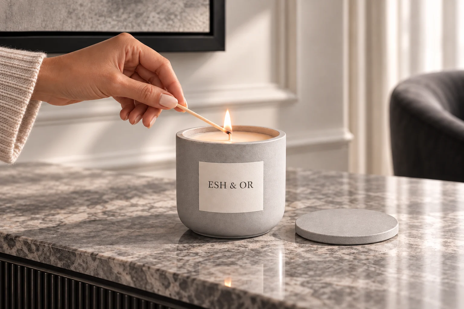 Lighting Sable in the signature rounded concrete vessel on cool marble