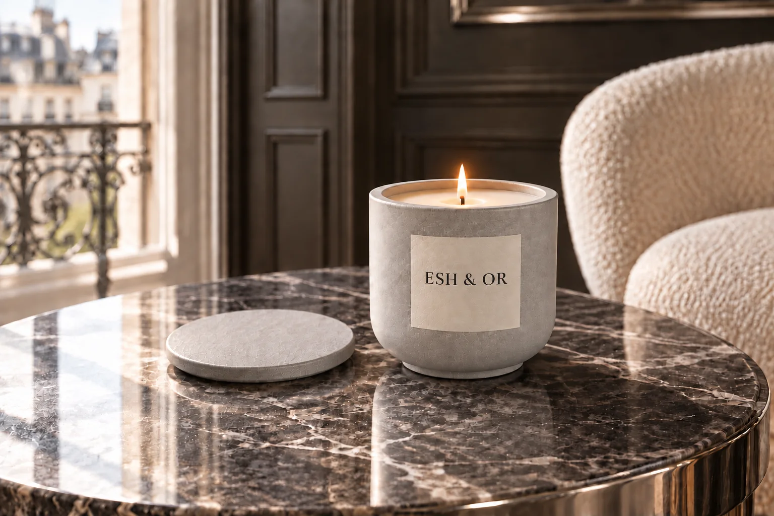 Sable candle on dark marble in a Parisian hotel lounge